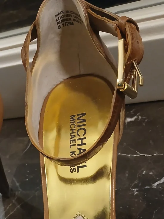 MICHAEL Michael Kors Tan and Gold Open-Toe Ankle-Strap Heels - Picture 14 of 15